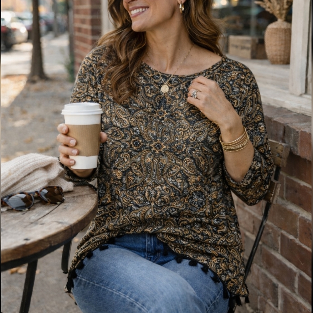 J. Jill Black and‎ Brown Paisley 3/4 Sleeve Tunic Blouse